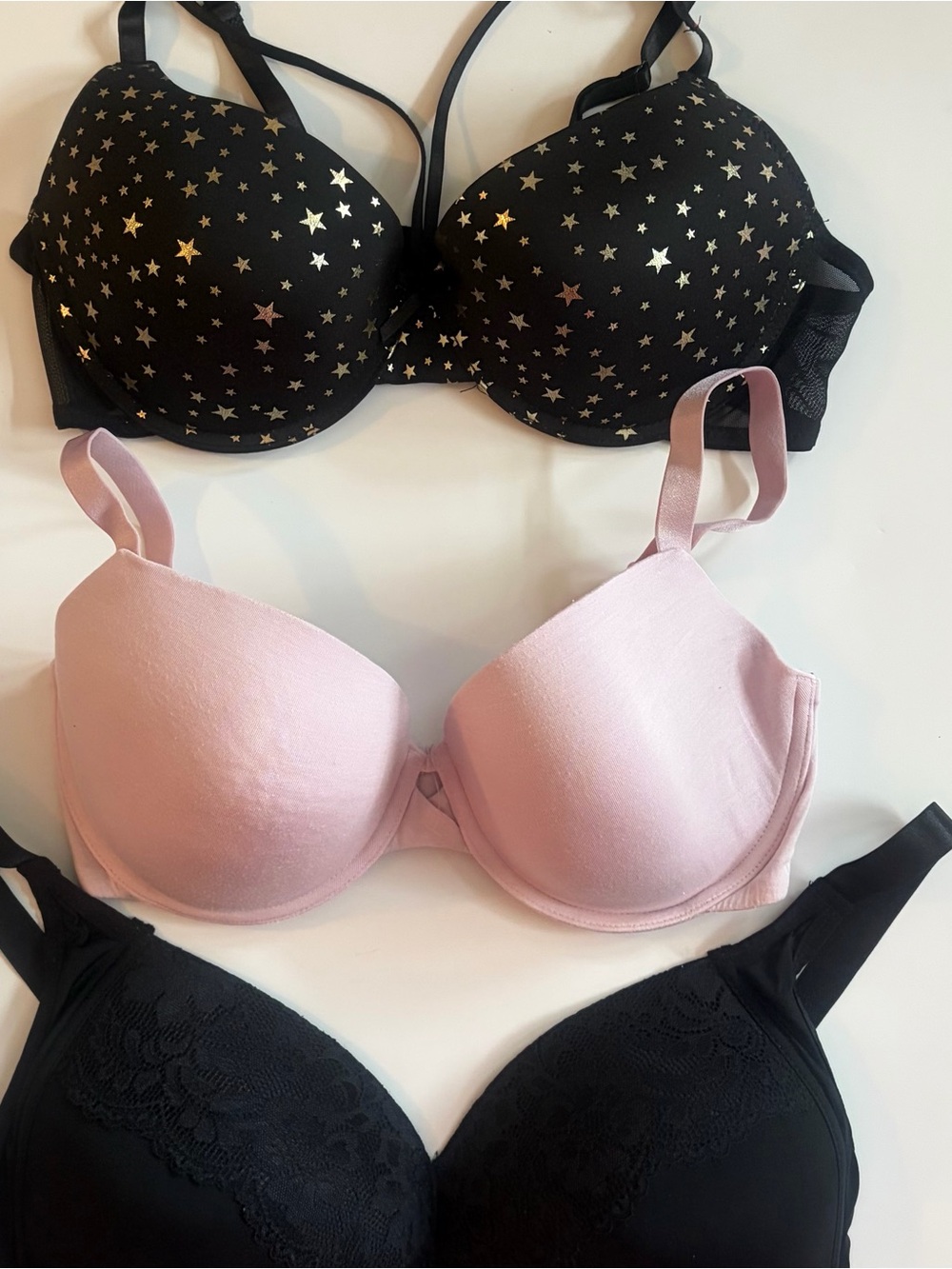 Value pack of 3 Women’s Star-Print Black Bra & Pink lighlty padded size 38D